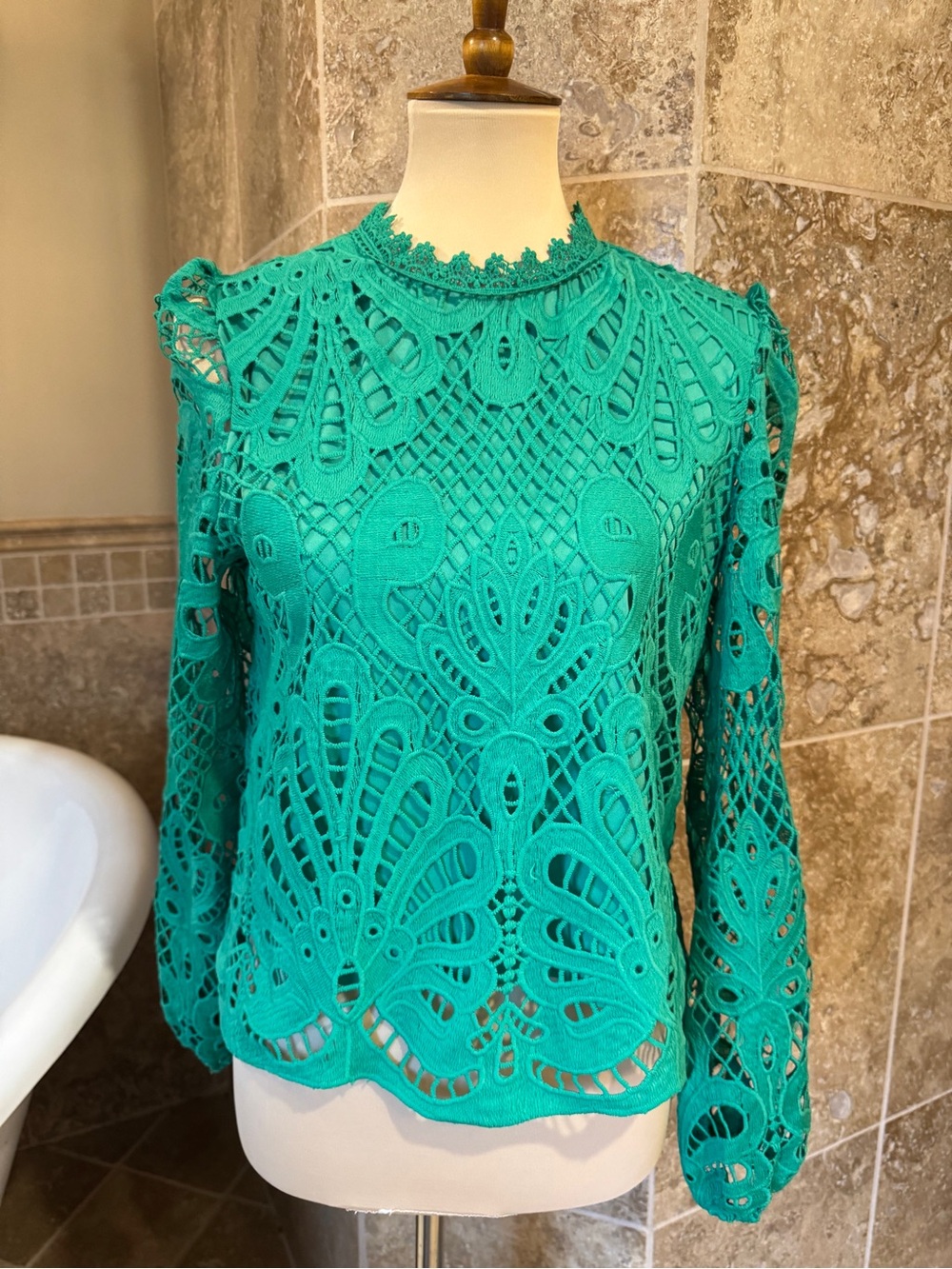 Ultra Pink Teal Crochet Lace Long-Sleeve Blouse green medium